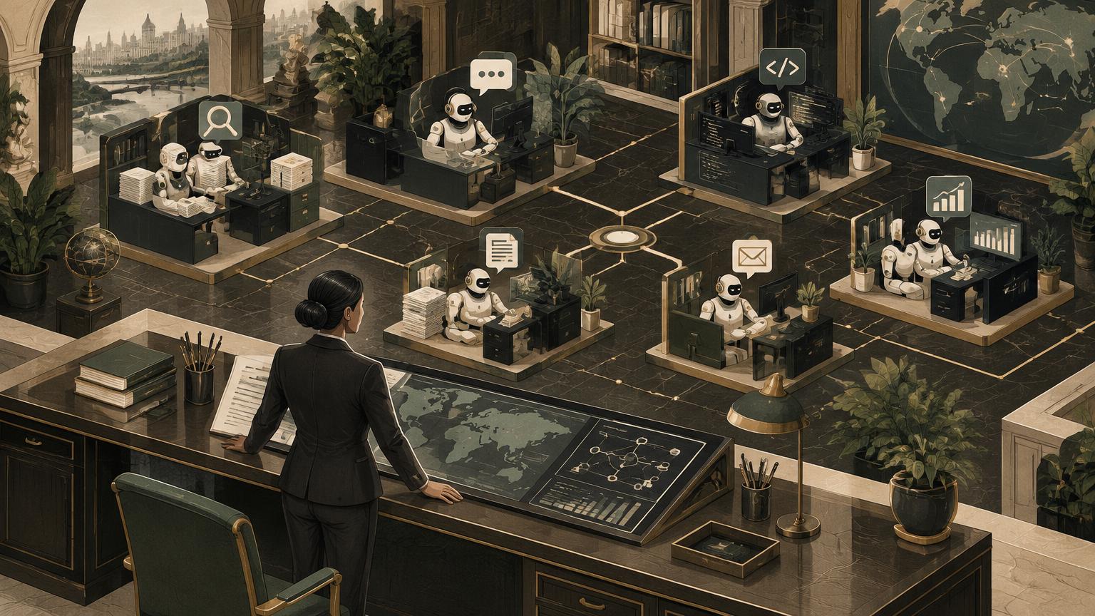 A human supervisor oversees connected AI workstations for documents, communications, code and analysis