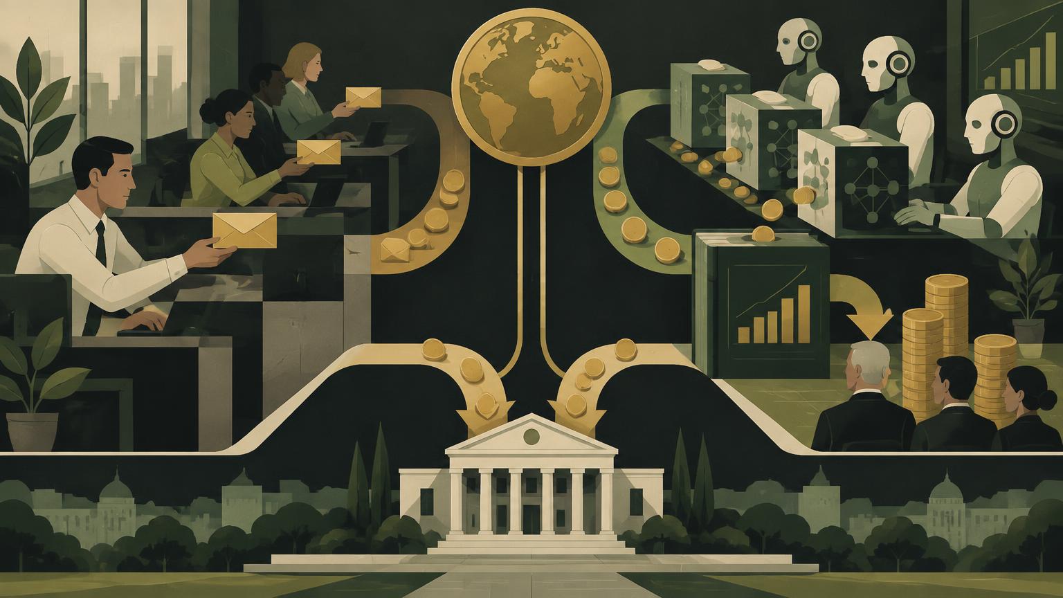 Editorial illustration showing the productivity dividend flowing toward wages, business profits and public institutions