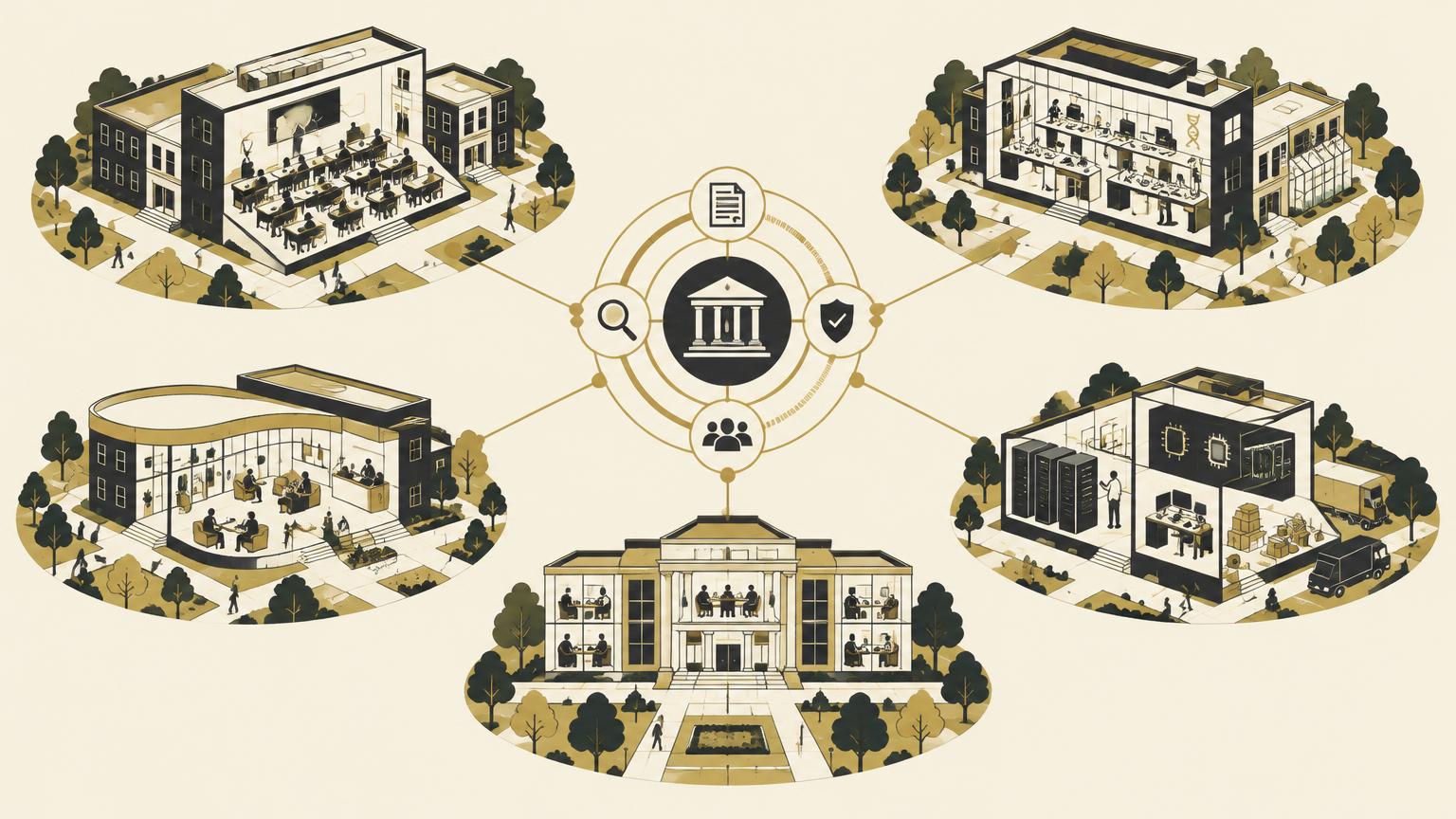 Illustrated campus departments connected to a central governance hub