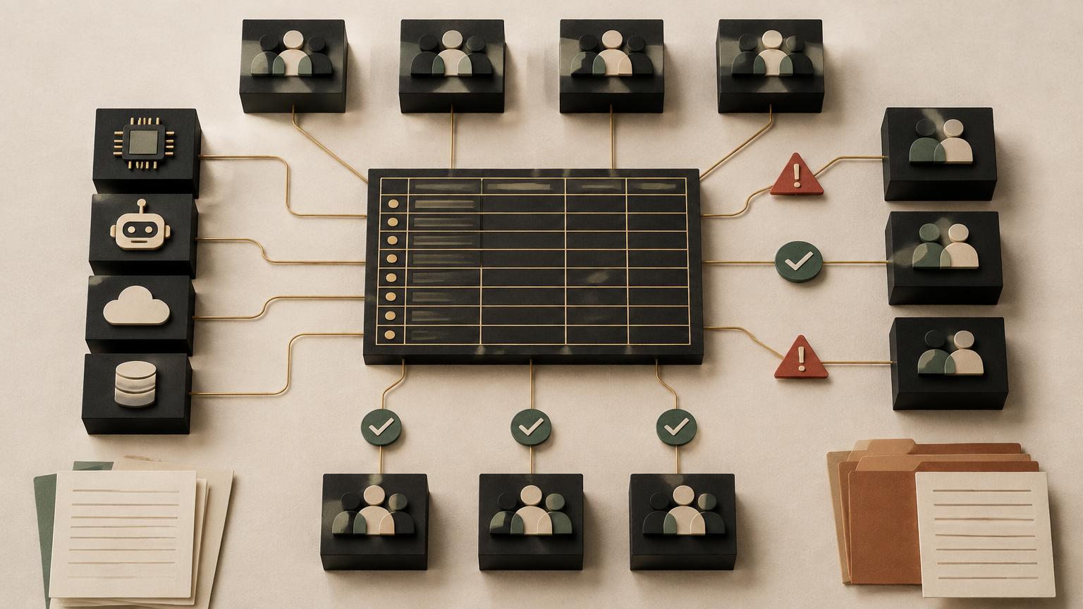 Illustration of AI tools and teams connected to a central governance register, with risk and review markers